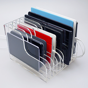 最大10台のiPadやタブレットを整理できる透明アクリル製収納スタンド（RE-TBL-STR-10）